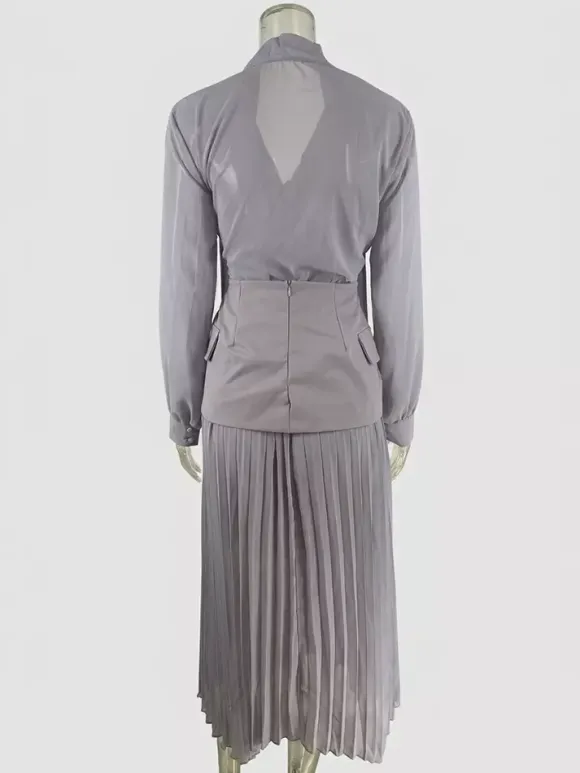 Elegant Long Sleeves Three Piece Set For Women - Chiffon Tie Neck Blouse And Waistband And Maxi Skirt - Spring Office Party 2026