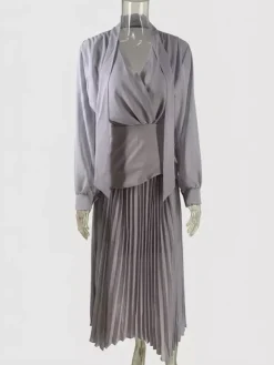 Elegant Long Sleeves Three Piece Set For Women - Chiffon Tie Neck Blouse And Waistband And Maxi Skirt - Spring Office Party 2026