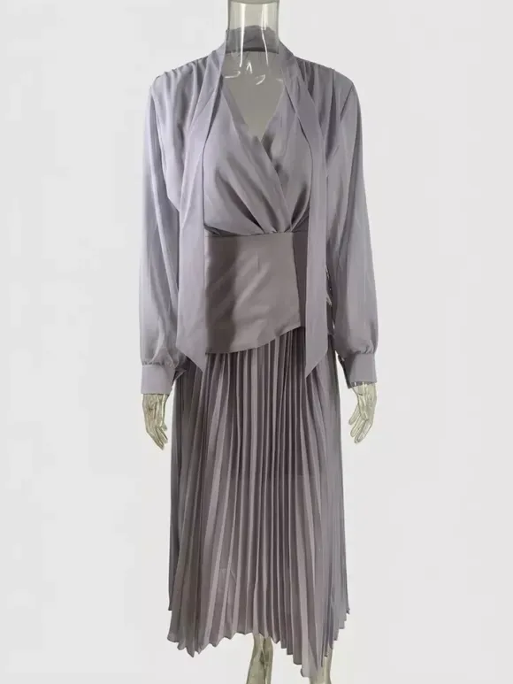 Elegant Long Sleeves Three Piece Set For Women - Chiffon Tie Neck Blouse And Waistband And Maxi Skirt - Spring Office Party 2026