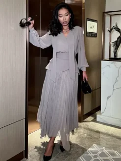 Elegant Long Sleeves Three Piece Set For Women - Chiffon Tie Neck Blouse And Waistband And Maxi Skirt - Spring Office Party 2026
