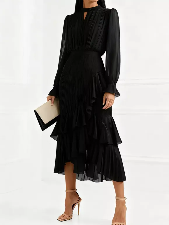 Elegant Pleated Midi Dress For Women - Layered Ruffle Chiffon Gown - Spring Wedding Guest Outfit 2026