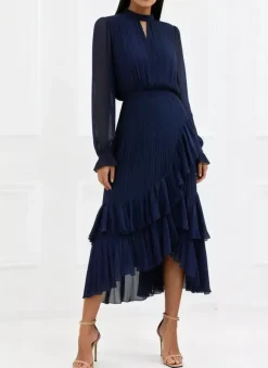 Elegant Pleated Midi Dress For Women - Layered Ruffle Chiffon Gown - Spring Wedding Guest Outfit 2026
