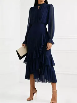 Elegant Pleated Midi Dress For Women - Layered Ruffle Chiffon Gown - Spring Wedding Guest Outfit 2026