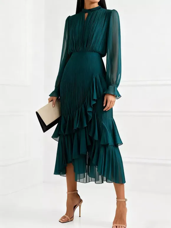 Elegant Pleated Midi Dress For Women - Layered Ruffle Chiffon Gown - Spring Wedding Guest Outfit 2026