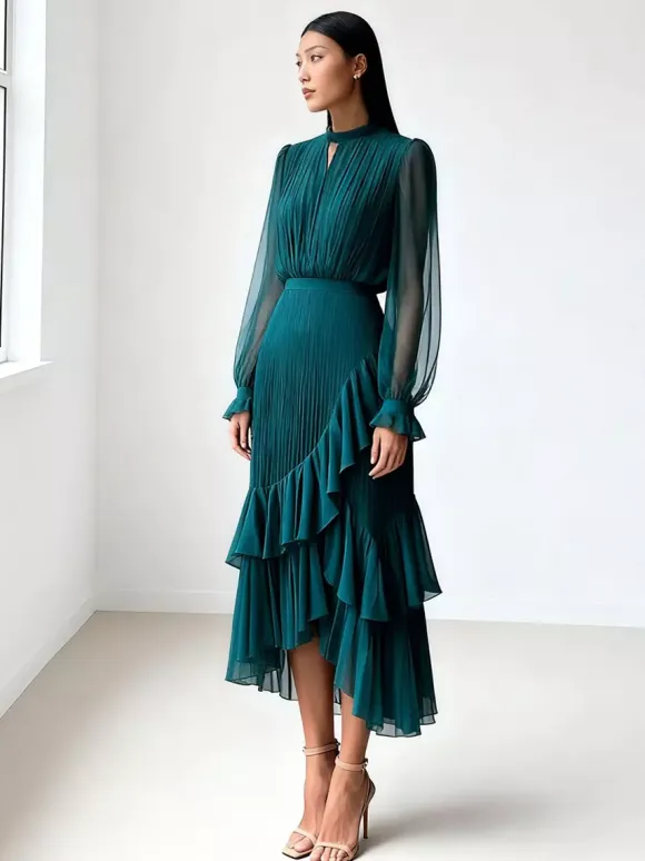 Elegant Pleated Midi Dress For Women - Layered Ruffle Chiffon Gown - Spring Wedding Guest Outfit 2026