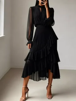 Elegant Pleated Midi Dress For Women - Layered Ruffle Chiffon Gown - Spring Wedding Guest Outfit 2026