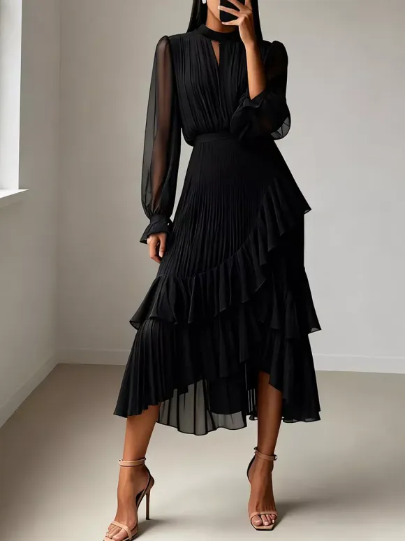 Elegant Pleated Midi Dress For Women - Layered Ruffle Chiffon Gown - Spring Wedding Guest Outfit 2026