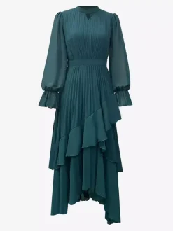 Elegant Pleated Midi Dress For Women - Layered Ruffle Chiffon Gown - Spring Wedding Guest Outfit 2026