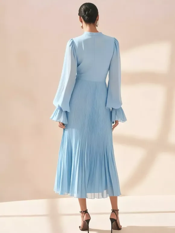 Elegant Pleated Midi Dress For Women - Layered Ruffle Chiffon Gown - Spring Wedding Guest Outfit 2026