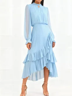 Elegant Pleated Midi Dress For Women - Layered Ruffle Chiffon Gown - Spring Wedding Guest Outfit 2026