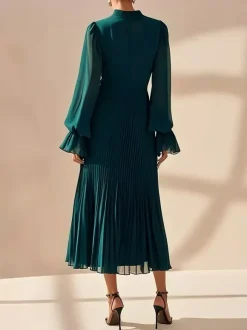 Elegant Pleated Midi Dress For Women - Layered Ruffle Chiffon Gown - Spring Wedding Guest Outfit 2026