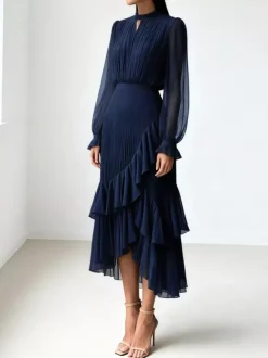 Elegant Pleated Midi Dress For Women - Layered Ruffle Chiffon Gown - Spring Wedding Guest Outfit 2026