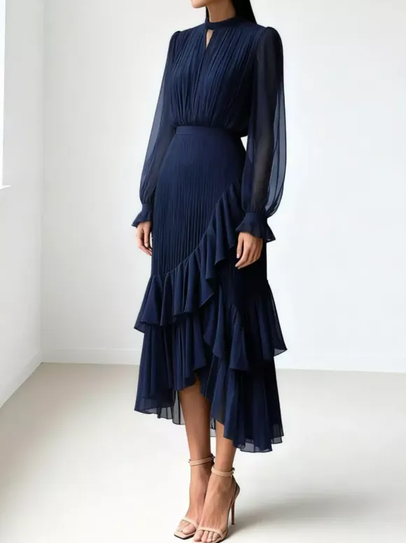 Elegant Pleated Midi Dress For Women - Layered Ruffle Chiffon Gown - Spring Wedding Guest Outfit 2026