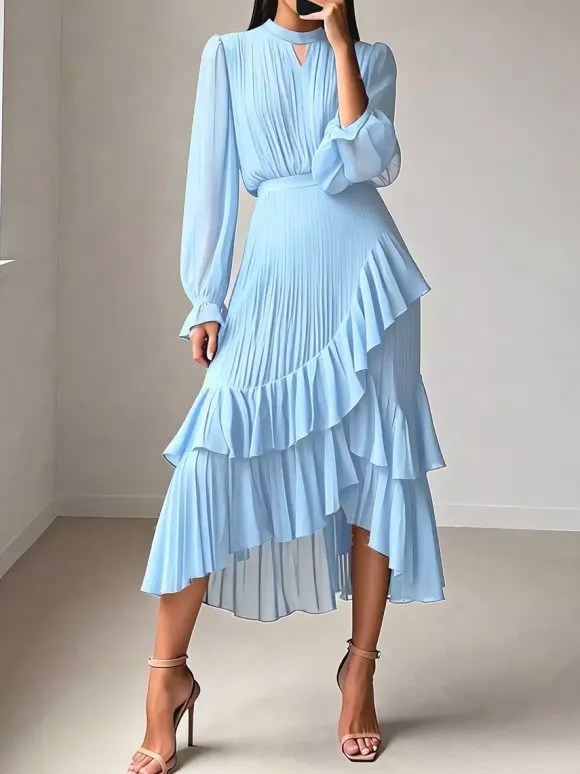 Elegant Pleated Midi Dress For Women - Layered Ruffle Chiffon Gown - Spring Wedding Guest Outfit 2026