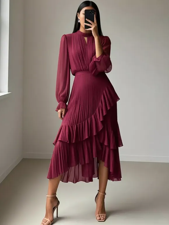 Elegant Pleated Midi Dress For Women - Layered Ruffle Chiffon Gown - Spring Wedding Guest Outfit 2026