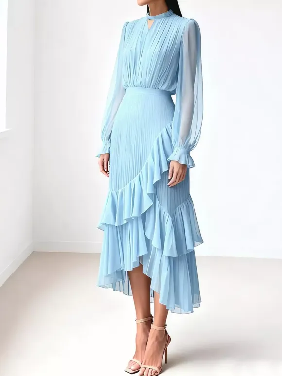 Elegant Pleated Midi Dress For Women - Layered Ruffle Chiffon Gown - Spring Wedding Guest Outfit 2026