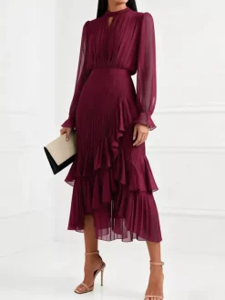 Elegant Pleated Midi Dress For Women - Layered Ruffle Chiffon Gown - Spring Wedding Guest Outfit 2026