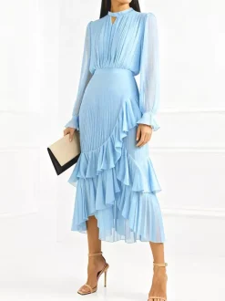 Elegant Pleated Midi Dress For Women - Layered Ruffle Chiffon Gown - Spring Wedding Guest Outfit 2026