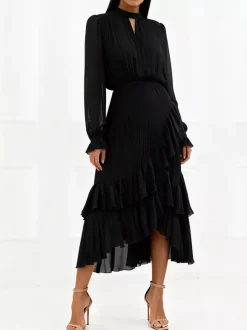 Elegant Pleated Midi Dress For Women - Layered Ruffle Chiffon Gown - Spring Wedding Guest Outfit 2026