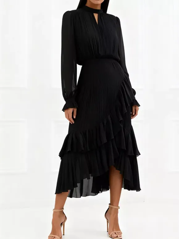 Elegant Pleated Midi Dress For Women - Layered Ruffle Chiffon Gown - Spring Wedding Guest Outfit 2026