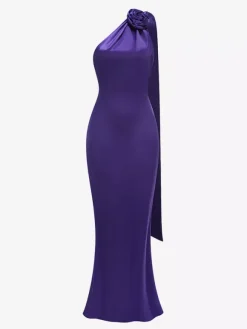 Elegant Rosette Halter Maxi Dress For Women - Silk Like Satin Backless Drape Neck Sleeveless Gown - Spring Evening Party 2026