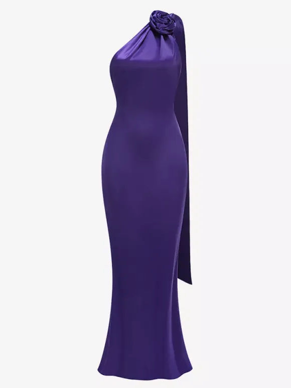 Elegant Rosette Halter Maxi Dress For Women - Silk Like Satin Backless Drape Neck Sleeveless Gown - Spring Evening Party 2026