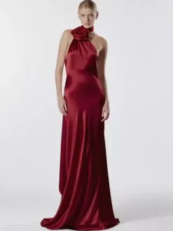Elegant Rosette Halter Maxi Dress For Women - Silk Like Satin Backless Drape Neck Sleeveless Gown - Spring Evening Party 2026