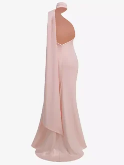 Elegant Rosette Halter Maxi Dress For Women - Silk Like Satin Backless Drape Neck Sleeveless Gown - Spring Evening Party 2026