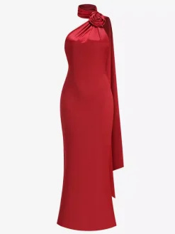 Elegant Rosette Halter Maxi Dress For Women - Silk Like Satin Backless Drape Neck Sleeveless Gown - Spring Evening Party 2026