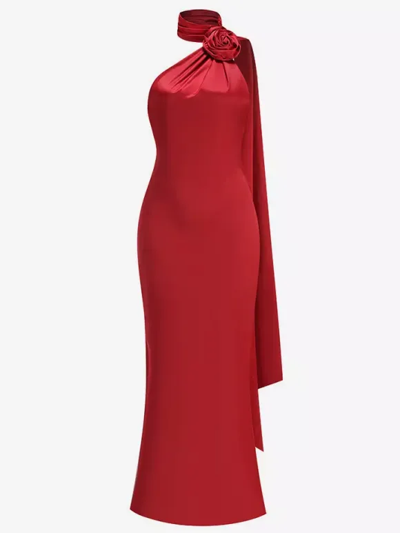 Elegant Rosette Halter Maxi Dress For Women - Silk Like Satin Backless Drape Neck Sleeveless Gown - Spring Evening Party 2026