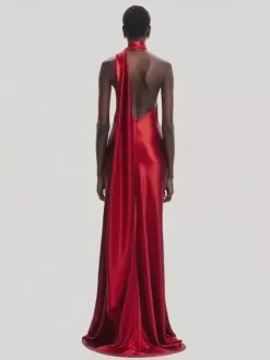 Elegant Rosette Halter Maxi Dress For Women - Silk Like Satin Backless Drape Neck Sleeveless Gown - Spring Evening Party 2026
