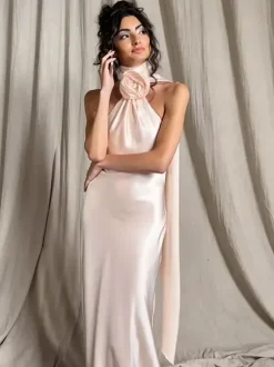 Elegant Rosette Halter Maxi Dress For Women - Silk Like Satin Backless Drape Neck Sleeveless Gown - Spring Evening Party 2026