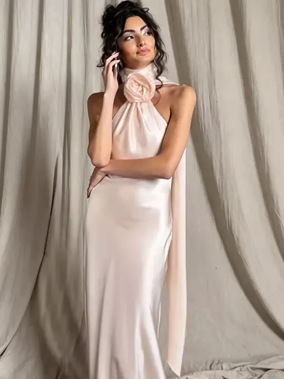 Elegant Rosette Halter Maxi Dress For Women - Silk Like Satin Backless Drape Neck Sleeveless Gown - Spring Evening Party 2026