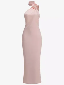 Elegant Rosette Halter Maxi Dress For Women - Silk Like Satin Backless Drape Neck Sleeveless Gown - Spring Evening Party 2026