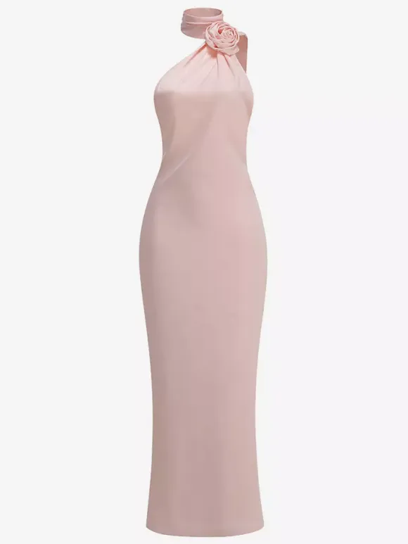 Elegant Rosette Halter Maxi Dress For Women - Silk Like Satin Backless Drape Neck Sleeveless Gown - Spring Evening Party 2026