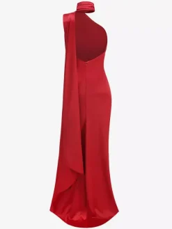 Elegant Rosette Halter Maxi Dress For Women - Silk Like Satin Backless Drape Neck Sleeveless Gown - Spring Evening Party 2026