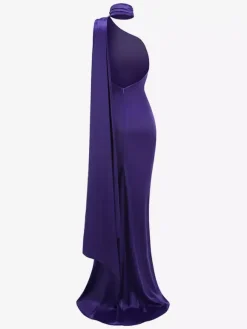 Elegant Rosette Halter Maxi Dress For Women - Silk Like Satin Backless Drape Neck Sleeveless Gown - Spring Evening Party 2026