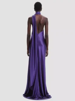 Elegant Rosette Halter Maxi Dress For Women - Silk Like Satin Backless Drape Neck Sleeveless Gown - Spring Evening Party 2026