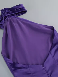 Elegant Rosette Halter Maxi Dress For Women - Silk Like Satin Backless Drape Neck Sleeveless Gown - Spring Evening Party 2026