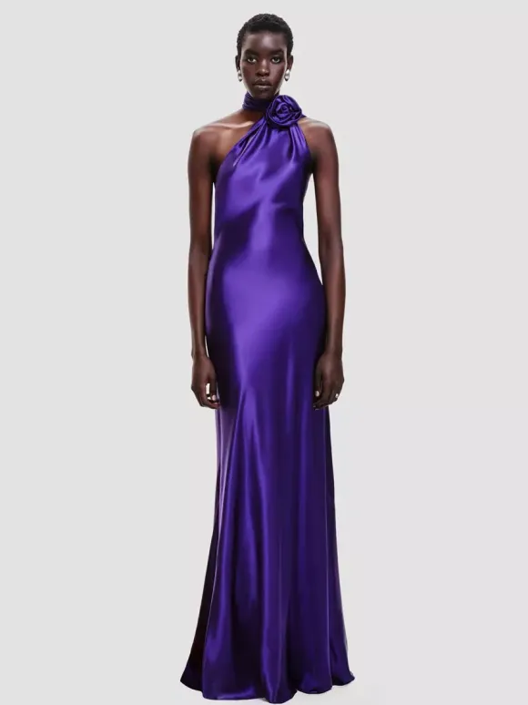 Elegant Rosette Halter Maxi Dress For Women - Silk Like Satin Backless Drape Neck Sleeveless Gown - Spring Evening Party 2026