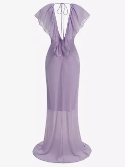 Elegant Ruffle V-Neck Chiffon Maxi Dress For Women - Lavender Boho Backless Flowy A-Line Sun Dress - Summer Beach Wedding Guest 2026
