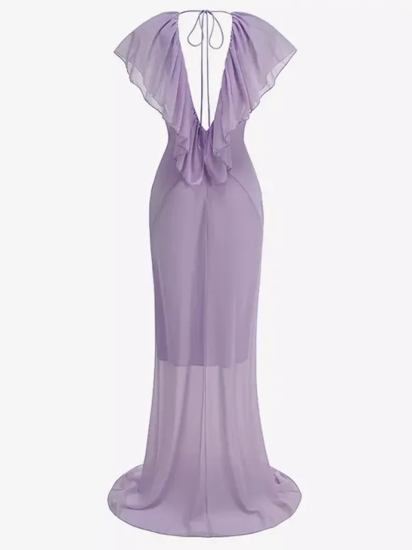 Elegant Ruffle V-Neck Chiffon Maxi Dress For Women - Lavender Boho Backless Flowy A-Line Sun Dress - Summer Beach Wedding Guest 2026