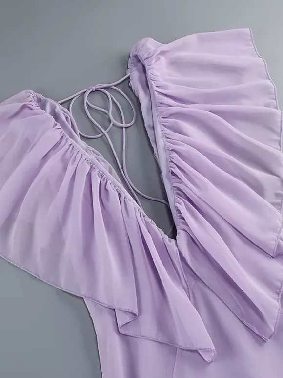 Elegant Ruffle V-Neck Chiffon Maxi Dress For Women - Lavender Boho Backless Flowy A-Line Sun Dress - Summer Beach Wedding Guest 2026