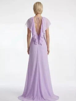 Elegant Ruffle V-Neck Chiffon Maxi Dress For Women - Lavender Boho Backless Flowy A-Line Sun Dress - Summer Beach Wedding Guest 2026