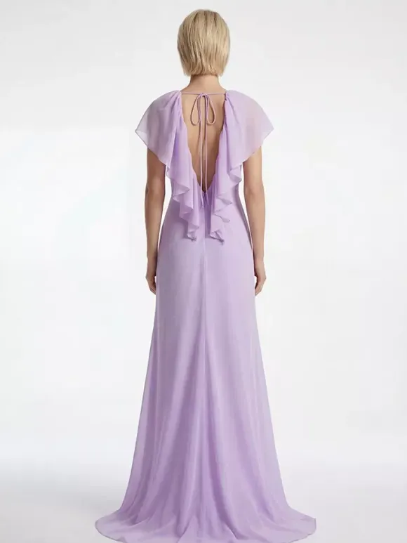 Elegant Ruffle V-Neck Chiffon Maxi Dress For Women - Lavender Boho Backless Flowy A-Line Sun Dress - Summer Beach Wedding Guest 2026