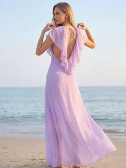Elegant Ruffle V-Neck Chiffon Maxi Dress For Women - Lavender Boho Backless Flowy A-Line Sun Dress - Summer Beach Wedding Guest 2026