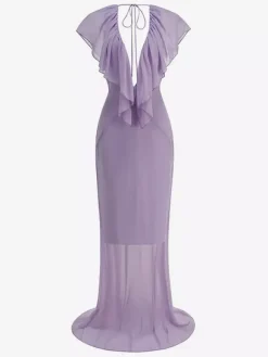 Elegant Ruffle V-Neck Chiffon Maxi Dress For Women - Lavender Boho Backless Flowy A-Line Sun Dress - Summer Beach Wedding Guest 2026