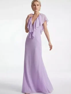 Elegant Ruffle V-Neck Chiffon Maxi Dress For Women - Lavender Boho Backless Flowy A-Line Sun Dress - Summer Beach Wedding Guest 2026