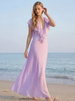 Elegant Ruffle V-Neck Chiffon Maxi Dress For Women - Lavender Boho Backless Flowy A-Line Sun Dress - Summer Beach Wedding Guest 2026
