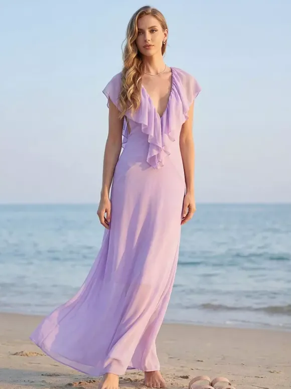Elegant Ruffle V-Neck Chiffon Maxi Dress For Women - Lavender Boho Backless Flowy A-Line Sun Dress - Summer Beach Wedding Guest 2026